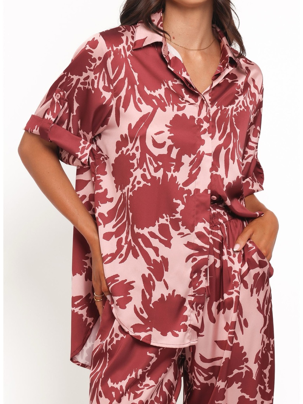 Petal & Pup Elysia Floral Print Oversize Button-Up Shirt Pink Burgundy Small